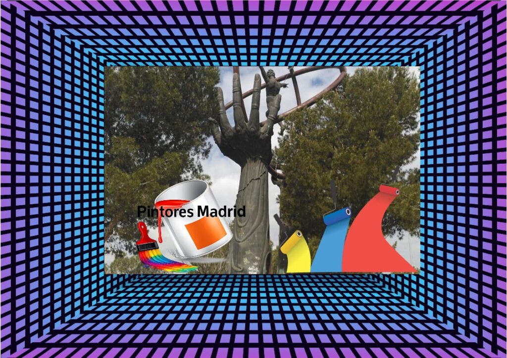 Bote de pintura y rodillos con el texto Pintores Madrid sobre un fondo de Paracuellos de Jarama