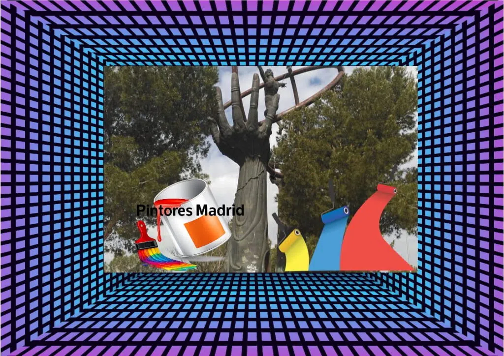 Bote de pintura y rodillos con el texto Pintores Madrid sobre un fondo de Paracuellos de Jarama